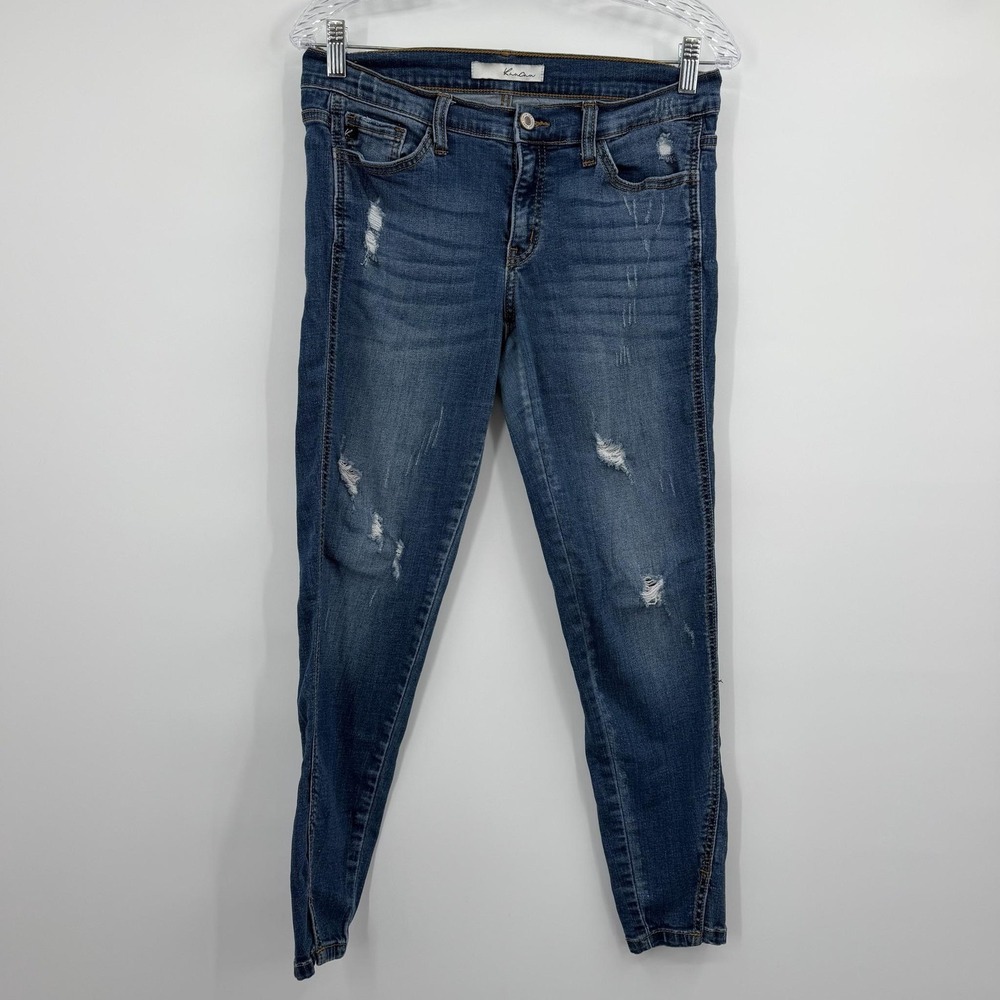 KanCan Jeans Womens 28 Blue Medium Wash Skinny Distressed Pockets Logo Stretch